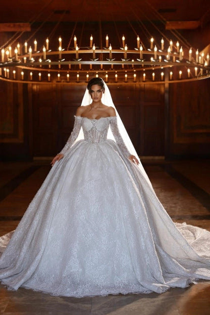 Sweetheart Lace Aline Wedding Dress Off-the-Shoulder Long Sleeves Ball Gown