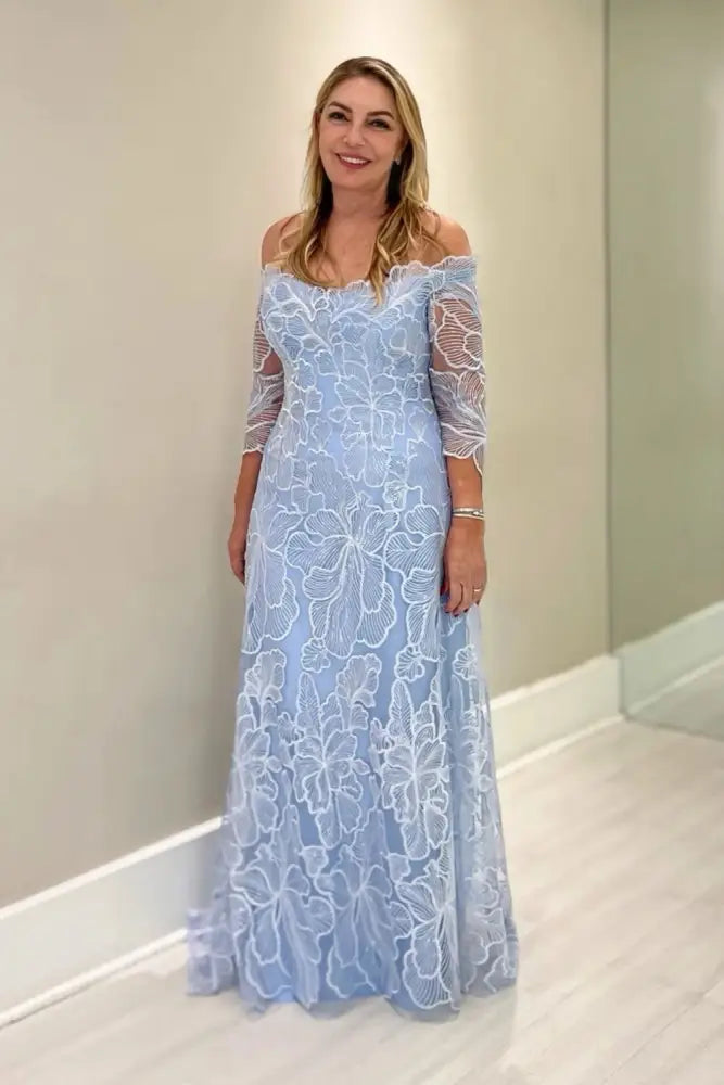 Off-the-Shoulder Lace Mother of the Bride Dress 3/4 Sleeves Flowers Evening Dress