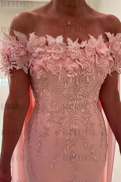 Off-The-Shoulder Mermaid Chiffon Wedding Guest Dresses Long with Appliques