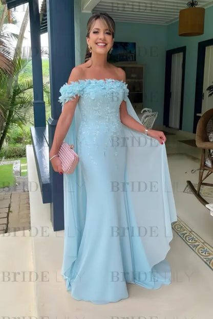Off-The-Shoulder Mermaid Chiffon Wedding Guest Dresses Long with Appliques