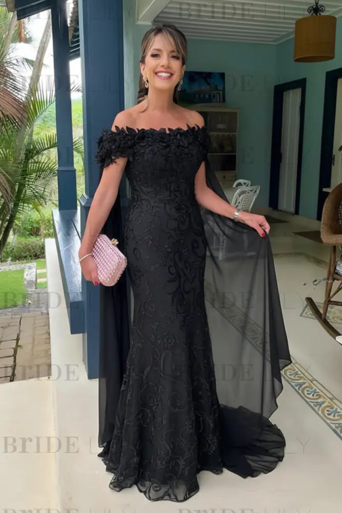 Off-The-Shoulder Mermaid Chiffon Wedding Guest Dresses Long with Appliques