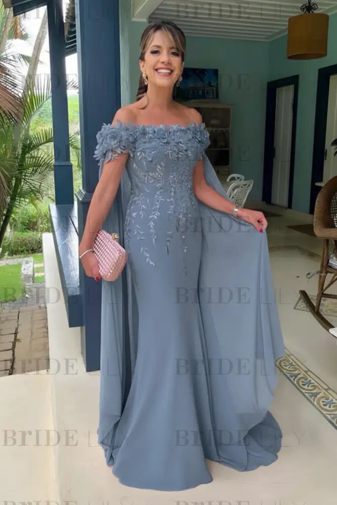 Off-The-Shoulder Mermaid Chiffon Wedding Guest Dresses Long with Appliques