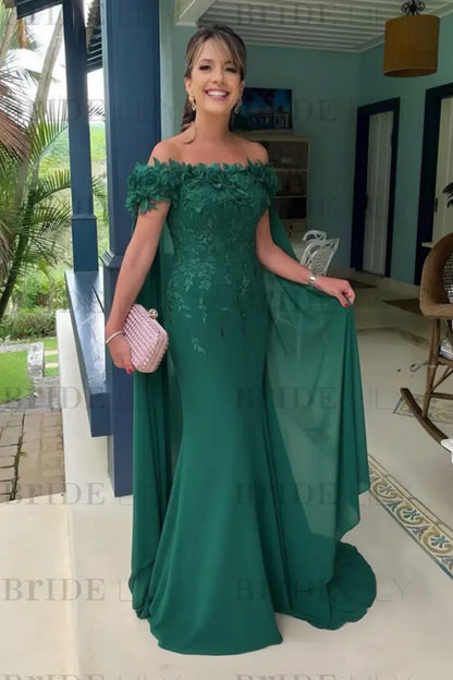 Off-The-Shoulder Mermaid Chiffon Wedding Guest Dresses Long with Appliques