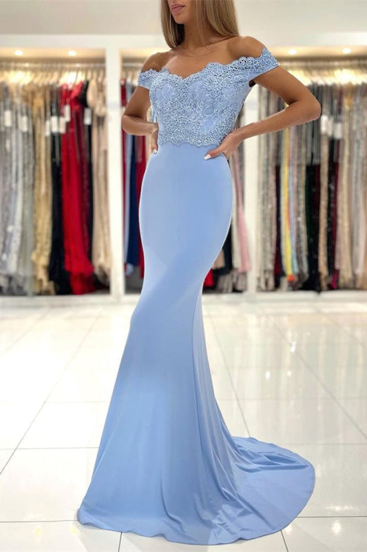 Sky Blue Off-the-Shoulder Mermaid Prom Dress with Lace Appliques