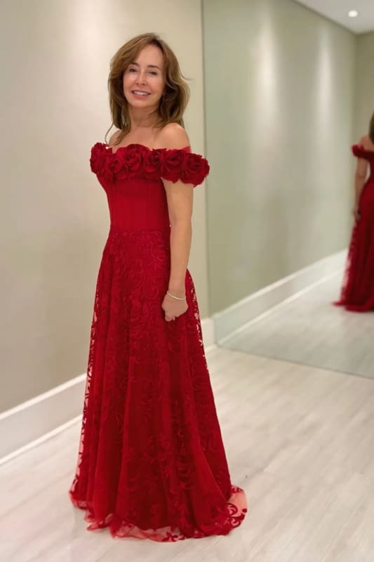 Off-the-Shoulder Red Aline Wedding Guest Dress with Flowers