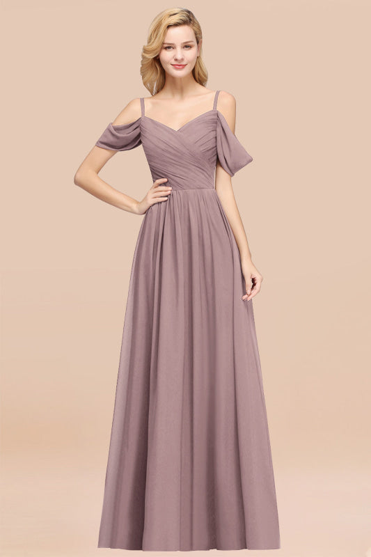 Off-the-shoulder Ruffle Chiffon Burgundy Bridesmaid Dress with Straps