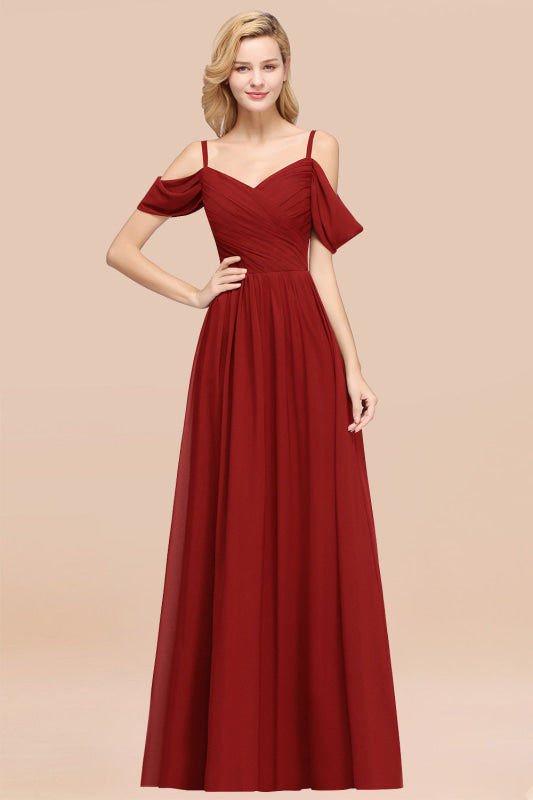Off-the-shoulder Ruffle Chiffon Burgundy Bridesmaid Dress with Straps