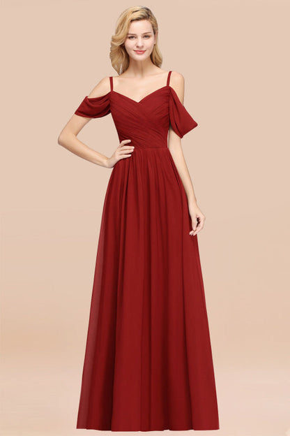 Off-the-shoulder Ruffle Chiffon Burgundy Bridesmaid Dress with Straps