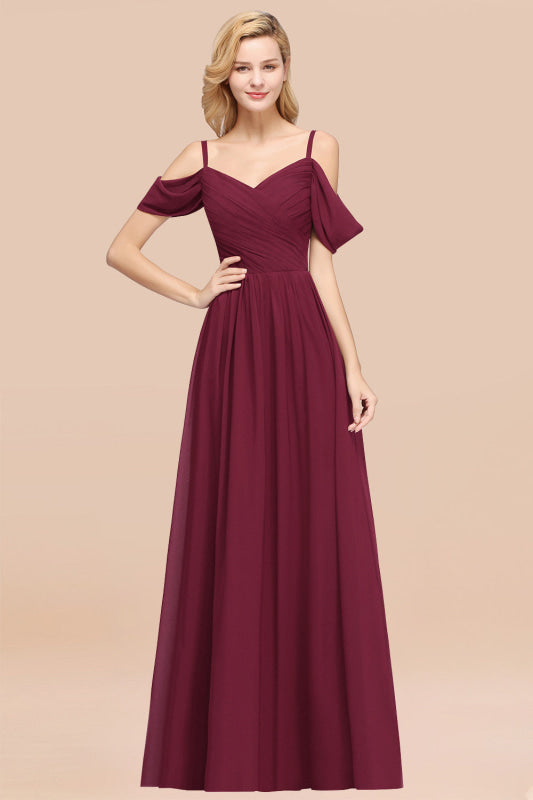 Off-the-shoulder Ruffle Chiffon Burgundy Bridesmaid Dress with Straps