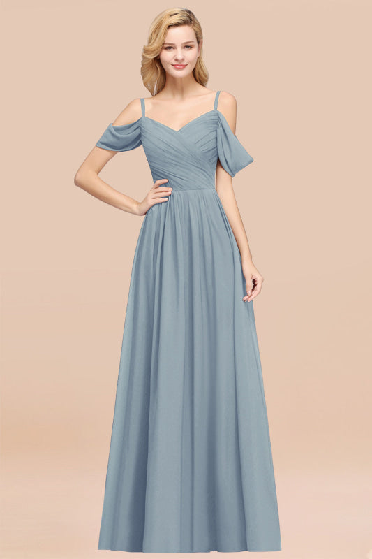Off-the-shoulder Ruffle Chiffon Burgundy Bridesmaid Dress with Straps