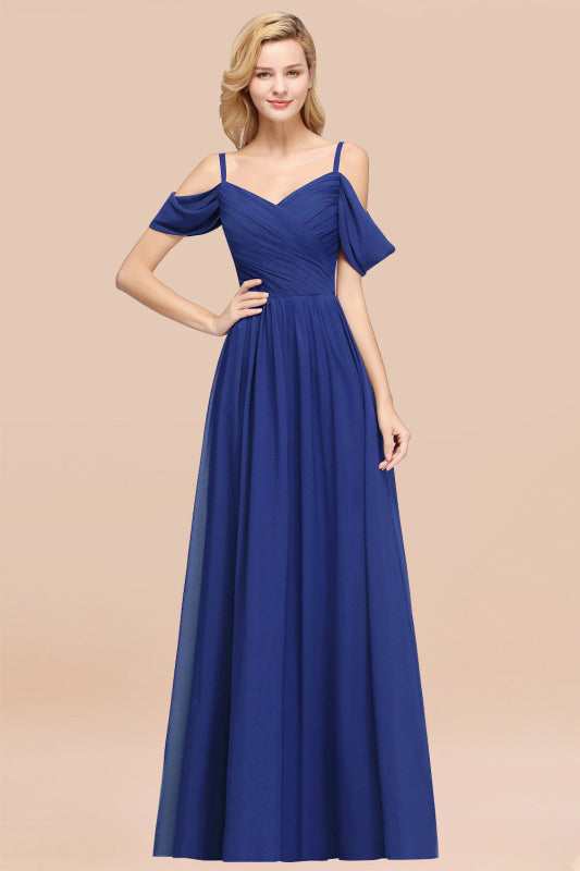 Off-the-shoulder Ruffle Chiffon Burgundy Bridesmaid Dress with Straps