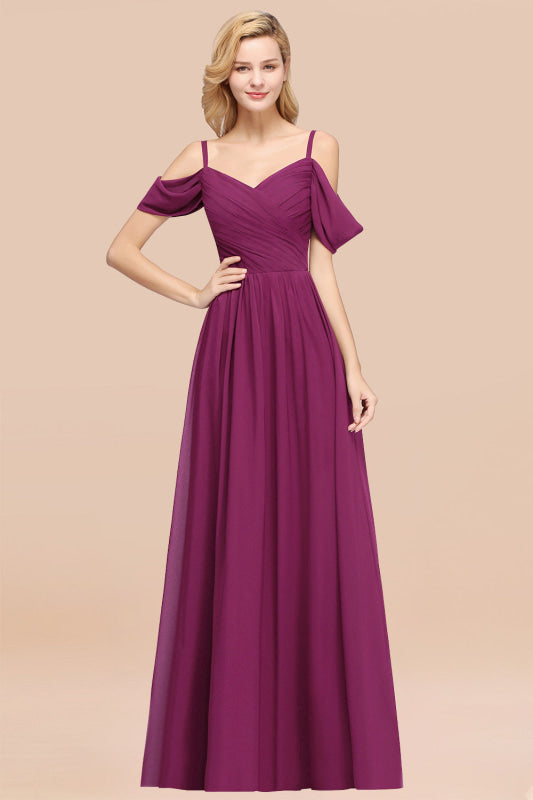 Off-the-shoulder Ruffle Chiffon Burgundy Bridesmaid Dress with Straps
