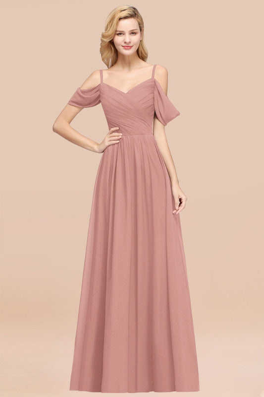 Off-the-shoulder Ruffle Chiffon Burgundy Bridesmaid Dress with Straps