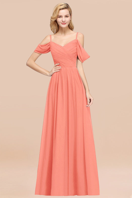 Off-the-shoulder Ruffle Chiffon Burgundy Bridesmaid Dress with Straps