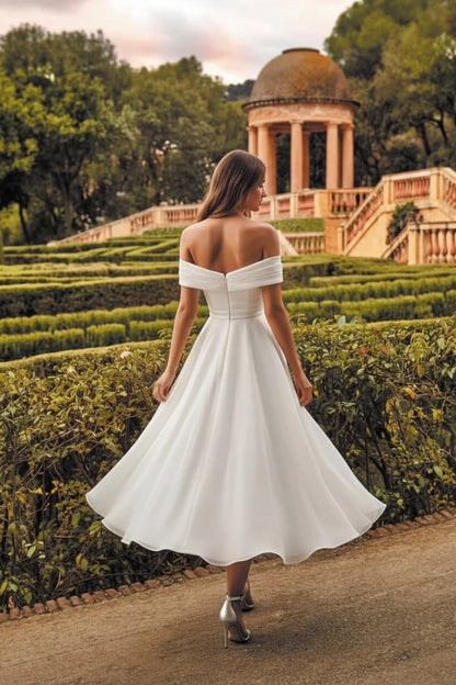 Off-the-Shoulder Tea Length Aline Wedding Dress Tulle Vintage Bridal Dress