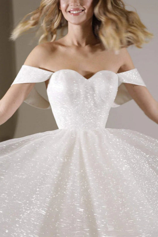 Off-the-Shoulder Sequins A-line Wedding Dress Knee-Length Sweetheart Bridal Dress
