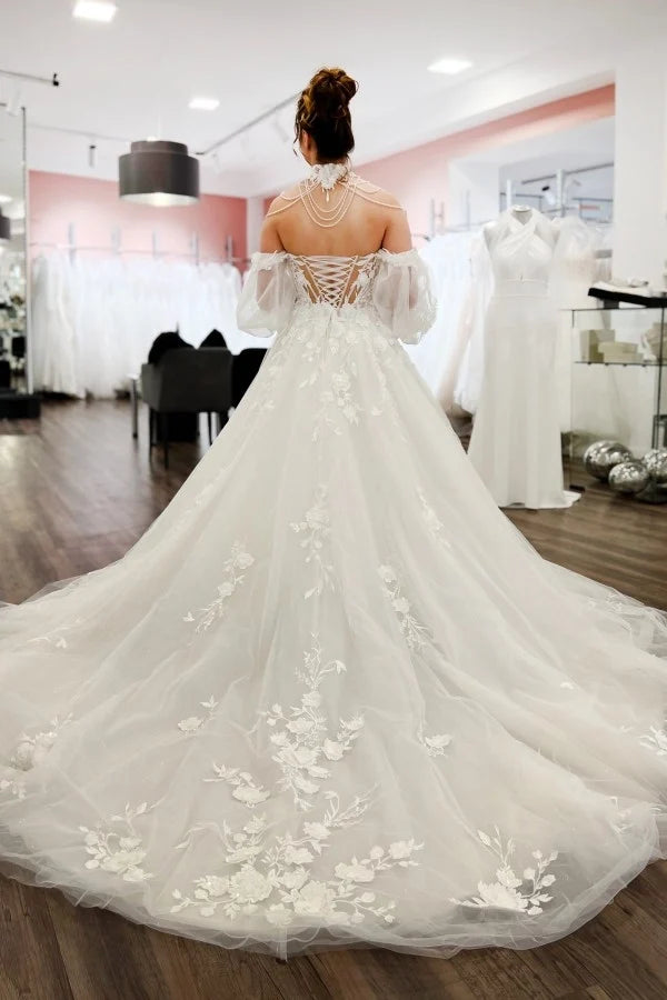 Romantic Off-the-Shoulder Tulle A-Line Wedding Dress High Neck Long Sleeves with Tassels