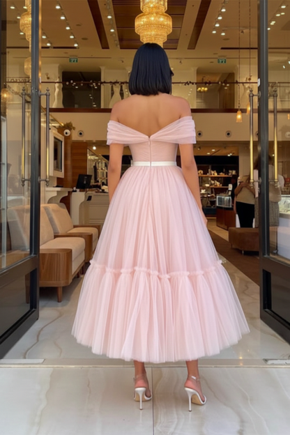 Off-The-Shoulder Tulle Prom Gown Tea Length Sweetheart Blush Pink Evening Dresswith Belts