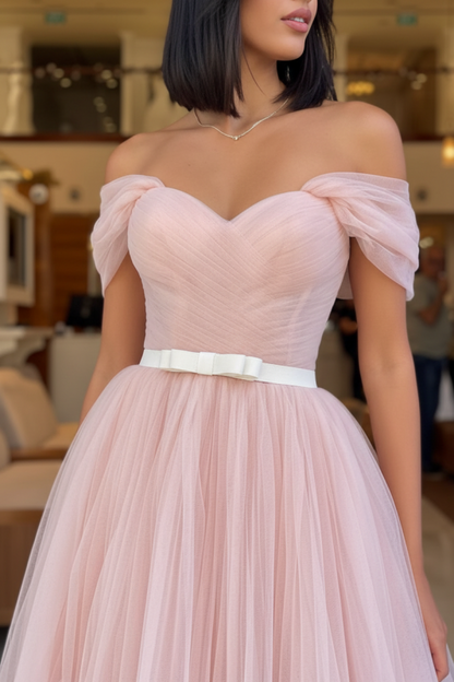 Off-The-Shoulder Tulle Prom Gown Tea Length Sweetheart Blush Pink Evening Dresswith Belts