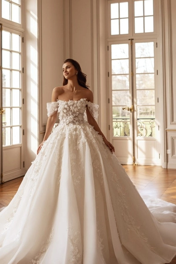 Beautiful Off-the-Shoulder Aline Wedding Dress Lace Appliques Ball Gown