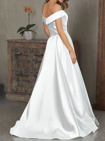 Off the Shoulder V Neck White Satin Long Prom, V Neck Off Shoulder White Formal Evening