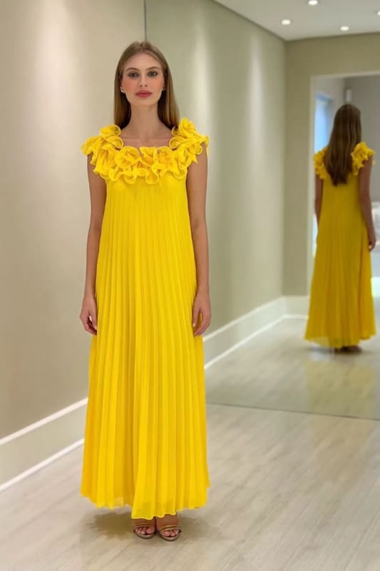 Off-the-Shoulder Yellow Ruffle Chiffon Mother of the Bride Dress
