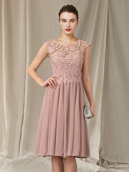 A-Line Mother of the Bride Dress Elegant Jewel Neck Knee Length Chiffon Lace Sleeveless with Pleats