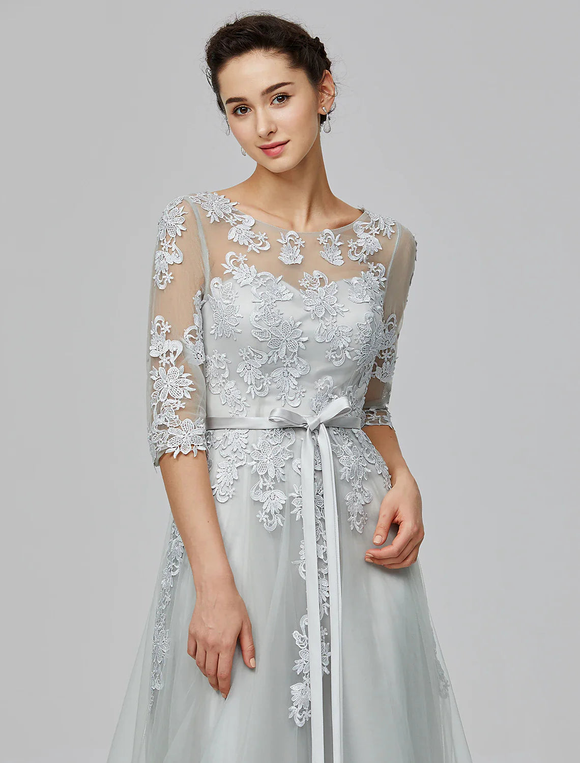 Wholesale A-Line Empire Dress Wedding Guest Prom Dress Floor Length Half Sleeve Illusion Neck Tulle with Bow(s) Appliques