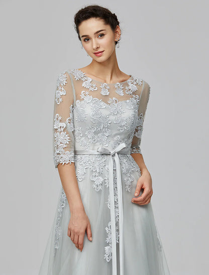 Wholesale A-Line Empire Dress Wedding Guest Prom Dress Floor Length Half Sleeve Illusion Neck Tulle with Bow(s) Appliques