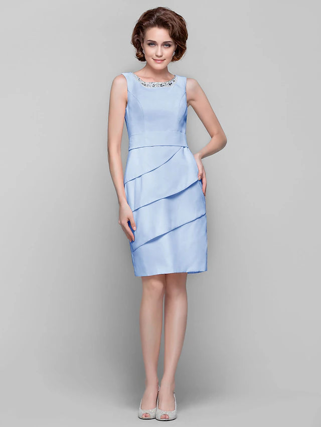 Sheath / Column Mother of the Bride Dress Jewel Neck Knee Length Chiffon Sleeveless with Crystals Beading