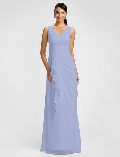 Sheath / Column V Neck Floor Length Chiffon Bridesmaid Dress with Draping / Sash / Ribbon / Side Draping