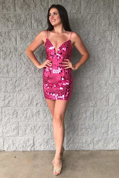 Red Cut Glass Mirror V-Neck Straps Bodycon Mini Party Dress