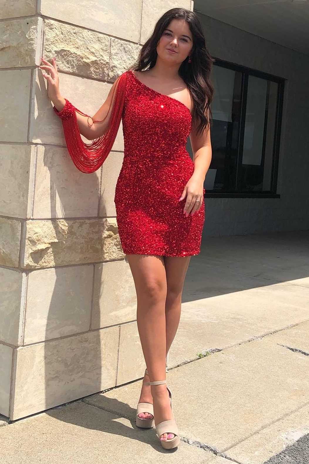 Gold Sequin One-Sleeve Short Homecoming Dress