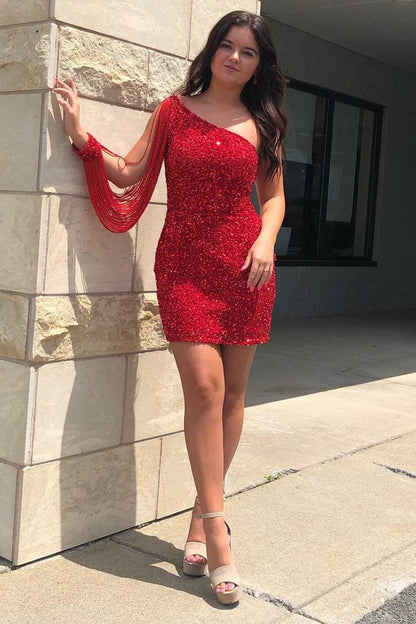 Gold Sequin One-Sleeve Short Homecoming Dress