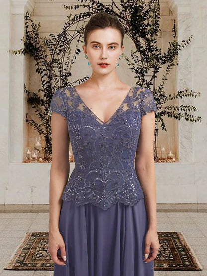 A-Line Mother of the Bride Dress Plus Size Elegant V Neck Floor Length Chiffon Lace Sequined Short Sleeve with Pleats