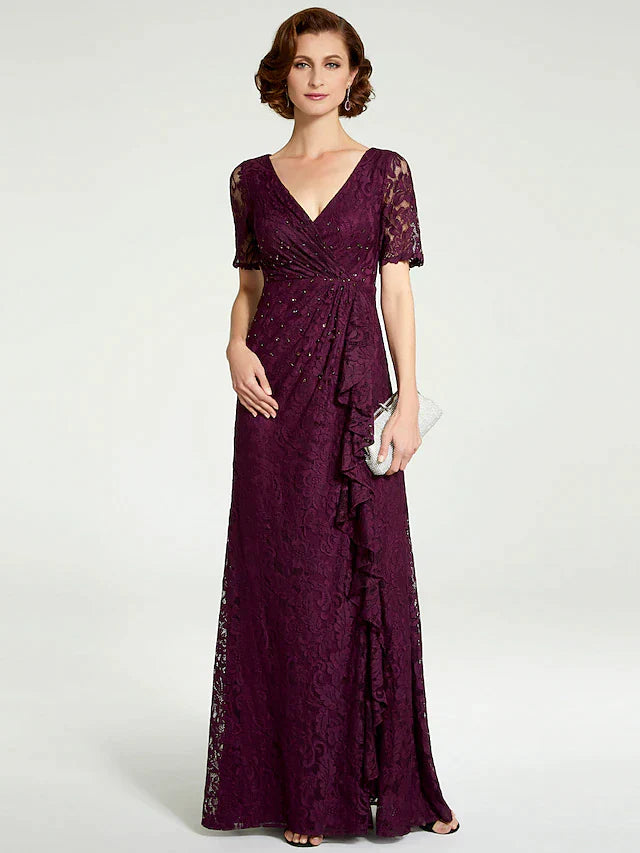 Sheath / Column Mother of the Bride Dress V Neck Floor Length Lace Short Sleeve with Lace Beading