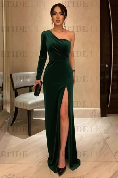 One Shoulder Black Long Prom with High Slit Black Velvet Formal Evening Dress