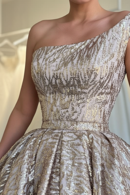 One Shoulder Glitter Gold Tea Length Evening Dress Sequins Wedding Guest Dress