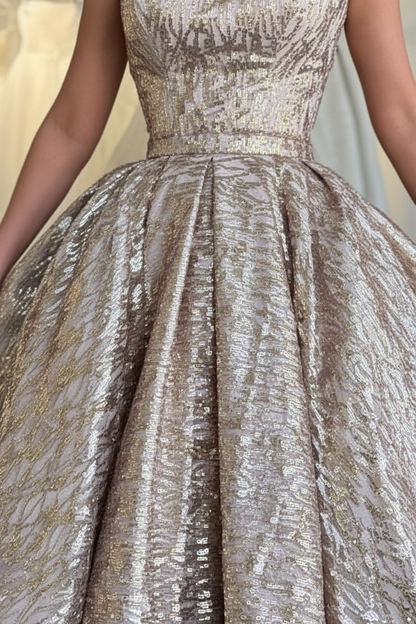 One Shoulder Glitter Gold Tea Length Evening Dress Sequins Wedding Guest Dress
