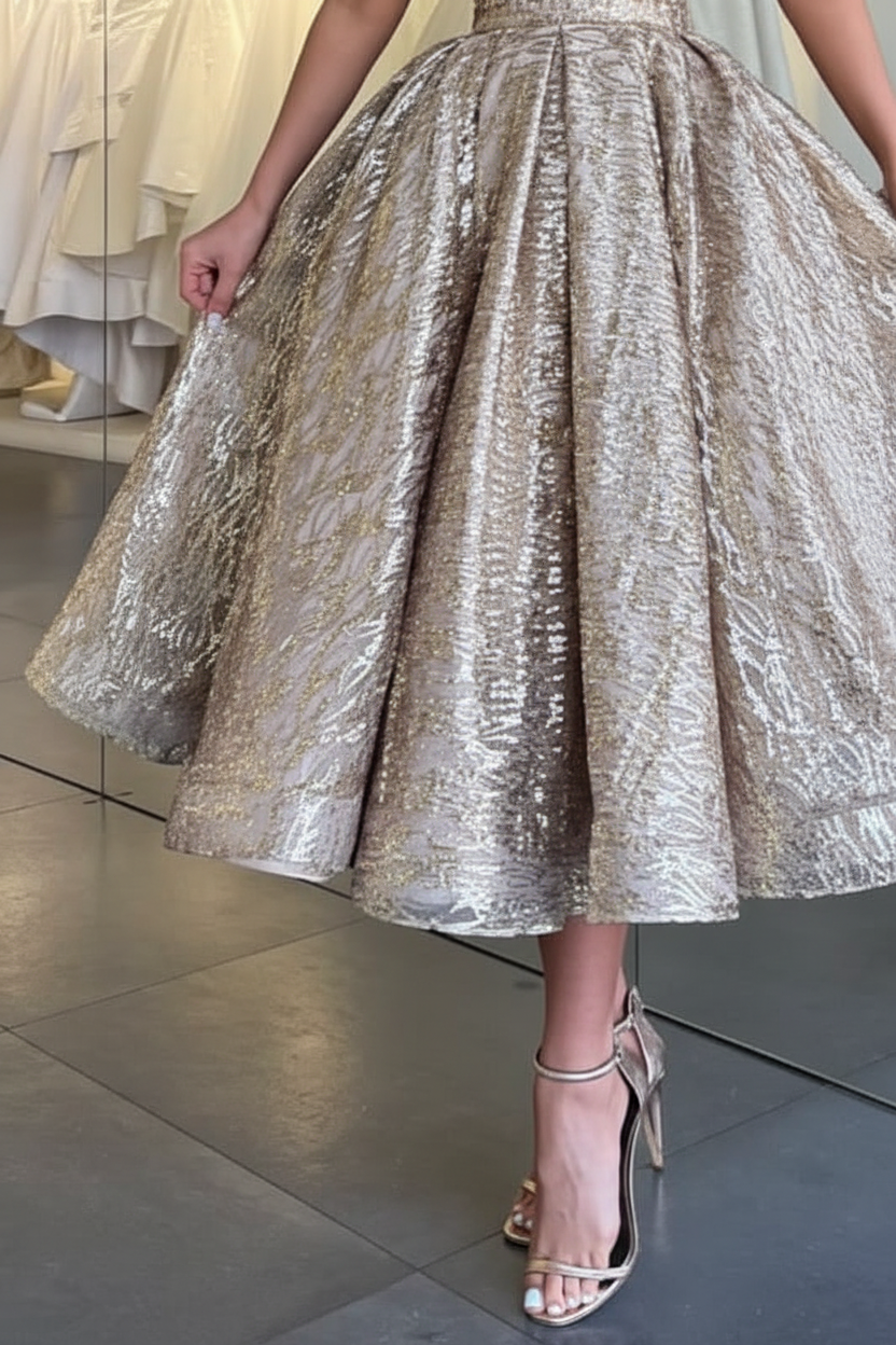 One Shoulder Glitter Gold Tea Length Evening Dress Sequins Wedding Guest Dress