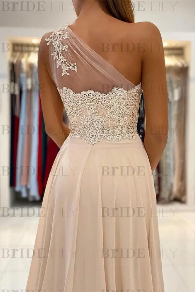 One-Shoulder Lace Appliques Prom Dress Long With Slit