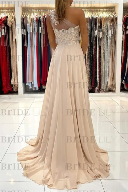One-Shoulder Lace Appliques Prom Dress Long With Slit