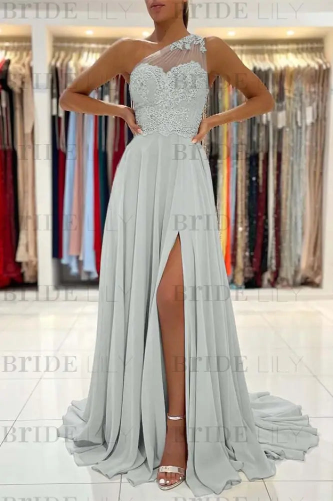One-Shoulder Lace Appliques Prom Dress Long With Slit