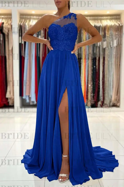 One-Shoulder Lace Appliques Prom Dress Long With Slit