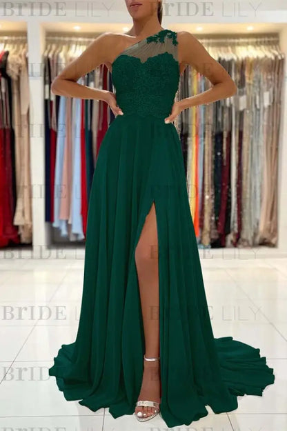 One-Shoulder Lace Appliques Prom Dress Long With Slit
