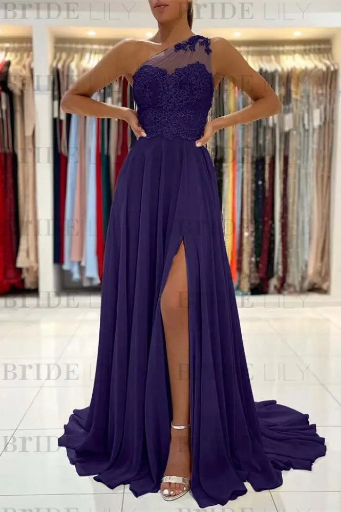 One-Shoulder Lace Appliques Prom Dress Long With Slit