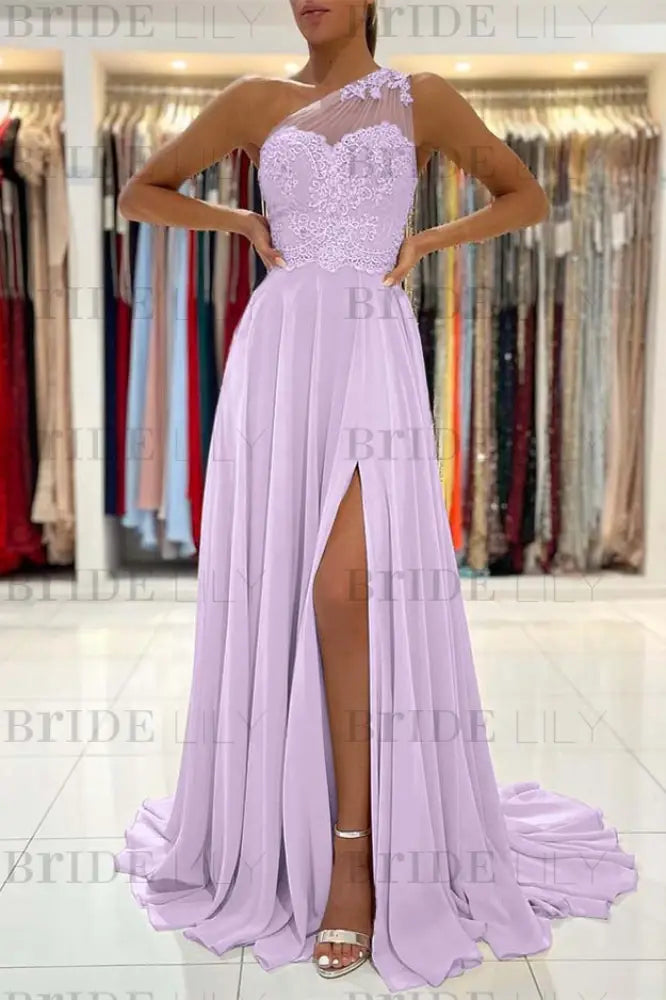 One-Shoulder Lace Appliques Prom Dress Long With Slit