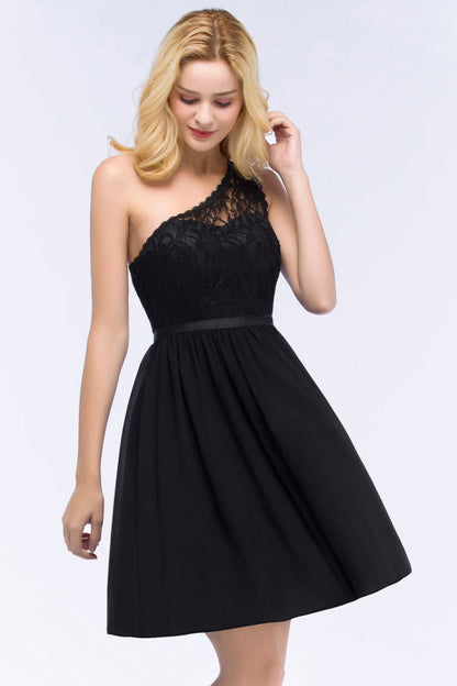 One Shoulder Lace Chiffon Knee-Length Black Formal Dress