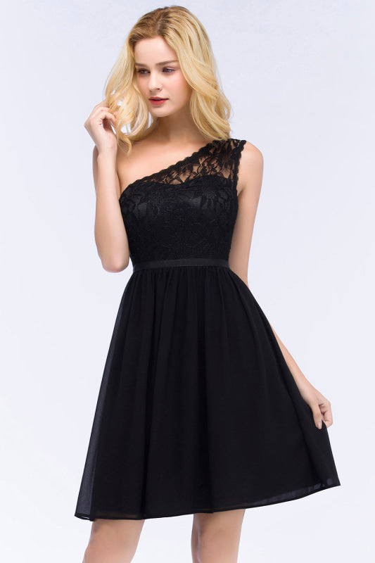 One Shoulder Lace Chiffon Knee-Length Black Formal Dress