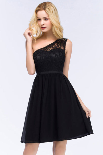 One Shoulder Lace Chiffon Knee-Length Black Formal Dress
